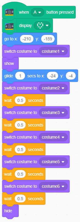 screenshot of Scratch code. when A button pressed; display heart; go to x:-210 y:-159; switch costume to costume1; show; glide 1 secs to x:-24 y:-4, switch costume to costume2; wait 0.5 seconds; switch costume to costume3; wait 0.5 seconds; switch costume to costume4; wait 0.5 seconds; switch costume to costume5; wait 0.5 seconds; switch costume to costume6; wait 0.5 seconds; hide